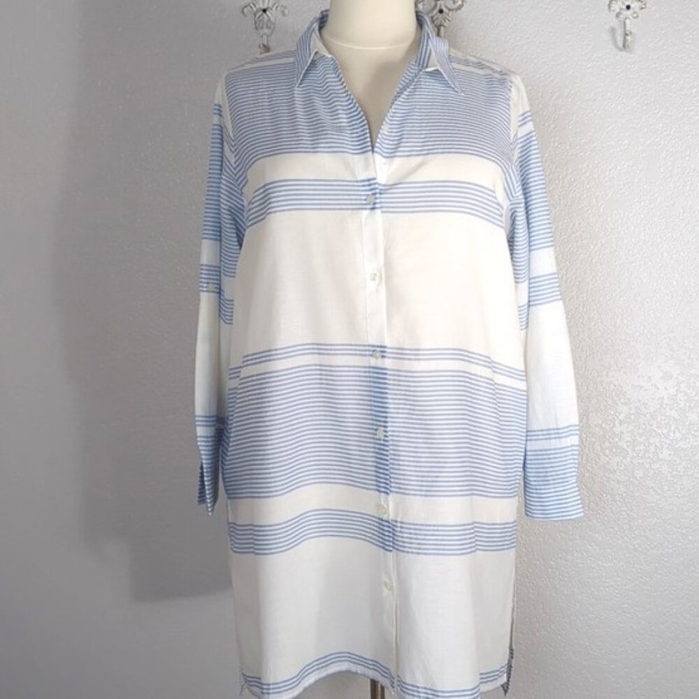 Ellen Weaver 2X Swim Cover Up Shirtdress Roll Tap Sleeves Blue White Stripes